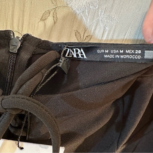 ZARA Black Puff Sleeve Corset Tie Criss Cross Mini Dress Cocktail MEDIUM NWT - Picture 9 of 11